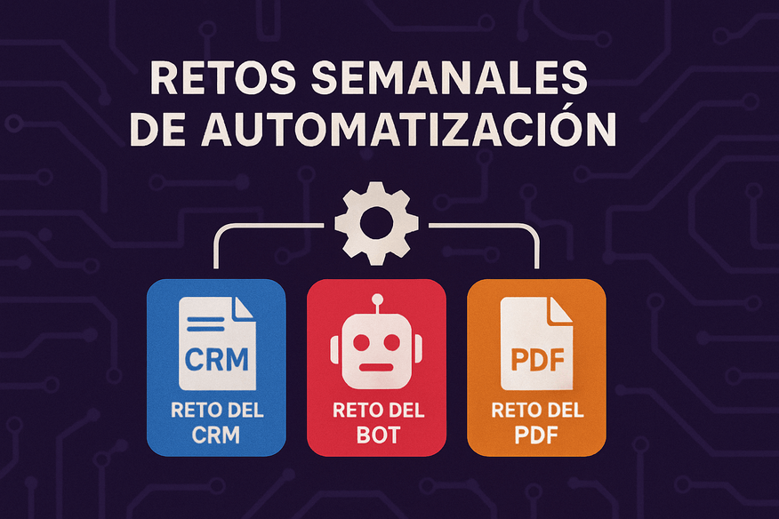 Retos semanales de automatización (ejemplo: reto del CRM, reto del bot, reto del PDF)